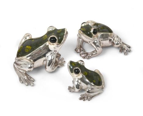 Three Enamelled Silver Models of Frogs, Probably Saturno, With English Import Marks for Mark Houghton, London, 1997, each rea
