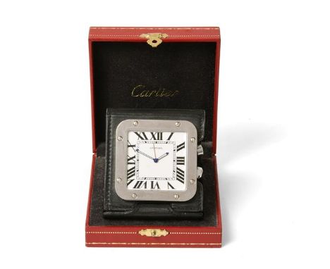 A Stainless Steel Alarm Travelling Timepiece, signed Cartier, model: Santos, ref: 2750, circa 2000, quartz movement, white di