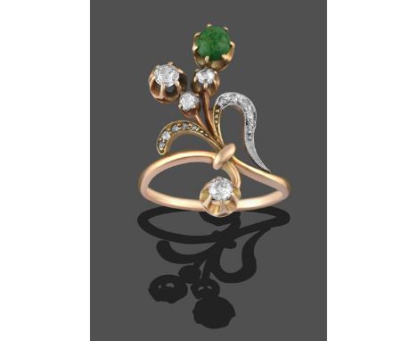 A Late 19th Century Russian Diamond and Turquoise Floral Spray Ring, the floral spray set throughout with old cut and rose cu