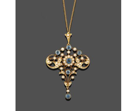 An Edwardian Seed Pearl and Aquamarine Brooch/Pendant on Chain, a central cluster formed of a round cut aquamarine in a borde