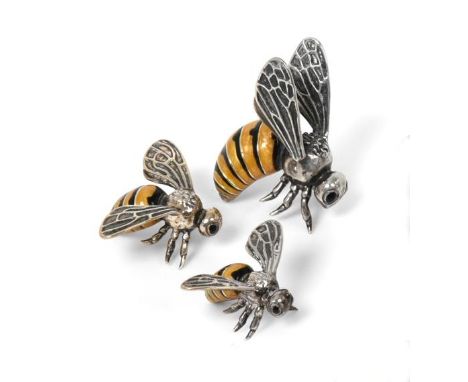 Three Enamelled Silver Models of Bees, Probably Saturno, With English Import Marks for Mark Houghton, London, 1997, each real