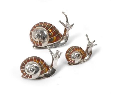 Three Enamelled Silver Models of Snails, Probably Saturno, With English Import Marks for Mark Houghton, London, 1996, each re