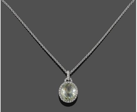 An 18 Carat White Gold Diamond and Prasiolite Cluster Pendant on An 18 Carat White Gold Chain, the fancy cut prasiolite withi