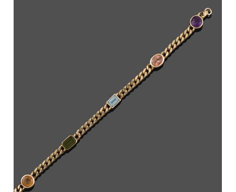 A Multi-Gemstone Bracelet, the yellow curb links spaced by a round cut amethyst, an oval cut pink tourmaline, a step-cut aqua