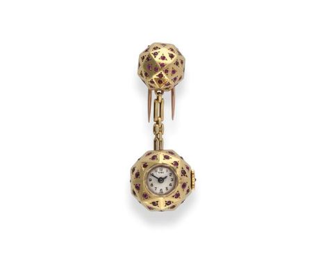 An 18 Carat Gold Ruby Set Ball Watch/Brooch, circa 1950, lever movement signed UTI Watch Co, silvered dial with Arabic numera