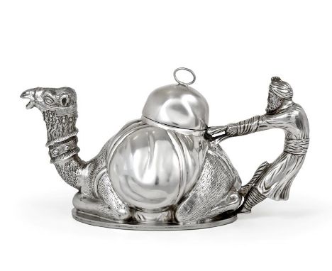 An Italian Teapot, Maker's Mark '1763MI', Late 20th Century, modelled as a seated camel, the head forming the spout, the hand