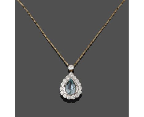 An Aquamarine and Diamond Cluster Pendant on Chain, the pear cut aquamarine within a border of round brilliant cut diamonds s