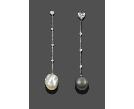 A Pair of Similar Cream and Grey Baroque Cultured Pearl and Diamond Drop Earrings, the smaller white heart shaped plaque pavé