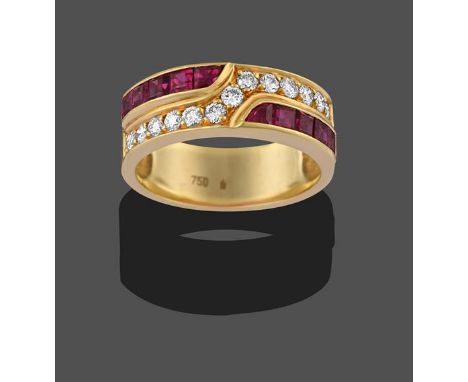A Ruby and Diamond Half Hoop Ring, two rows formed of round brilliant cut diamonds in an S-formation with calibré cut rubies 