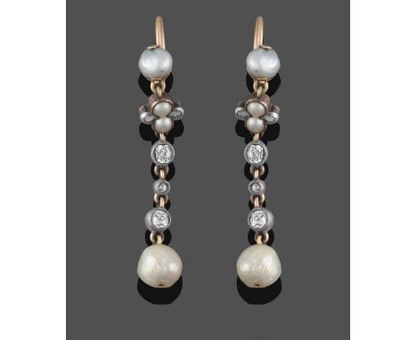 A Pair of Victorian Pearl and Diamond Drop Earrings, a pearl suspends a cluster of two pearls and two rose cut diamonds, to a