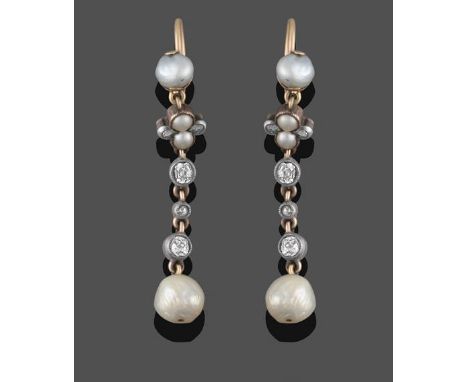 A Pair of Victorian Pearl and Diamond Drop Earrings, a pearl suspends a cluster of two pearls and two rose cut diamonds, to a