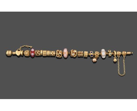 A Pandora Bracelet, hung with twenty charms including a sapphire example, an aquamarine example, four diamond set examples, a