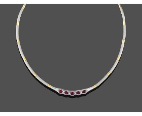 A Synthetic Ruby and Diamond Collar, the central white plain polished plaque inset with oval cut synthetic rubies and round b