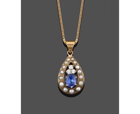A 9 Carat Gold Sapphire, Diamond and Split Pearl Pendant on Chain, an oval cut sapphire surmounted by a trio of round brillia