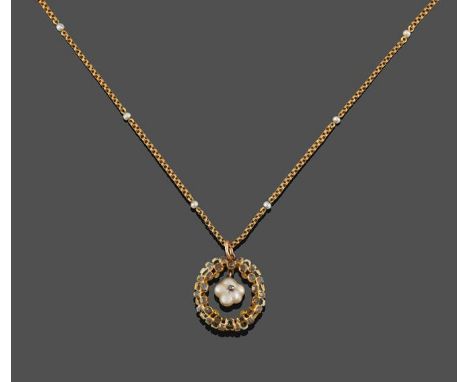 An Early 19th Century Diamond, Baroque Pearl and Enamel Pendant on Chain, the circular band of closed-set cushion shaped tabl