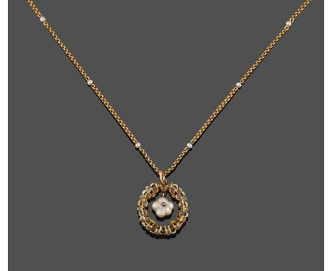 An Early 19th Century Diamond, Baroque Pearl and Enamel Pendant on Chain, the circular band of closed-set cushion shaped tabl