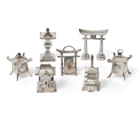 Three Pairs of Japanese Silver Salt and Pepper Shakers, Each Stamped 'Sterling Silver', 20th Century, one pair modelled as a 
