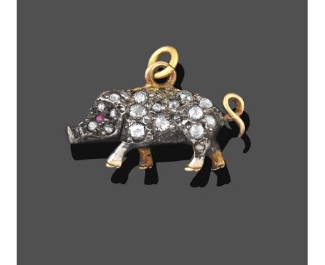 A Ruby and Diamond Pig Pendant/Charm, realistically modelled as a pig, set throughout with rose cut diamonds and round cut ru