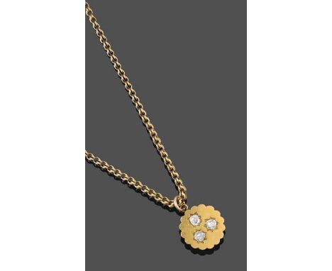 A Diamond Pendant on Chain, the yellow circular plaque inset with three old cut diamonds in star settings, on a fancy trace l