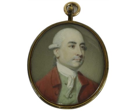 Richard Crosse (1742-1810) PORTRAIT OF A GENTLEMAN, BUST LENGTH, IN A RED COAT AND GREEN WAISTCOAT Miniature on ivory Oval, 4