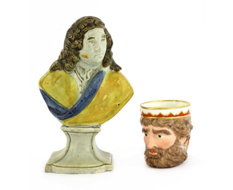 A Ralph Wood pottery bust of Handel, c.1780, wearing a long wig and yellow cloak, 21.5cm high, and a Derby bearded man mask j