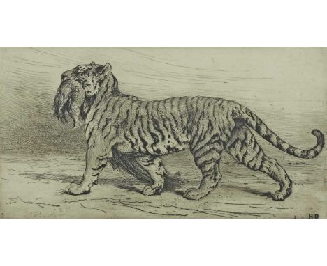 Herbert Thomas Dicksee RE (1862-1942) 'A TIGER EATING' Original drypoint etching on wove, signed artist's proof, not known to