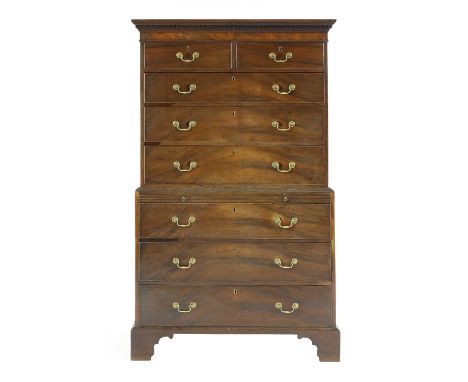 A George III mahogany chest on chest , with brushing slide on bracket feet, 110cm wide 57cm deep 188cm high