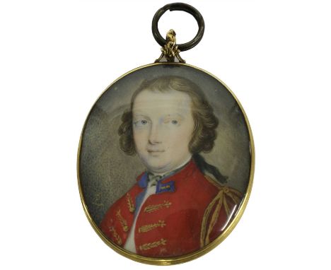 Peter Paul Lens (1714-1750) PORTRAIT OF A YOUNG OFFICER, BUST LENGTH, IN UNIFORM Miniature on ivory, signed with monogram l.l