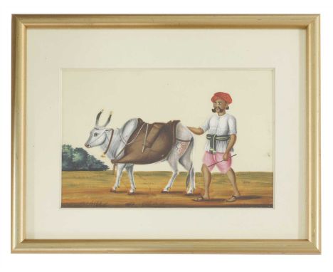 Six Indian paintings on mica, including: dancer and musicians, ornate carriage with bullocks, hunting leopards, farmer with c