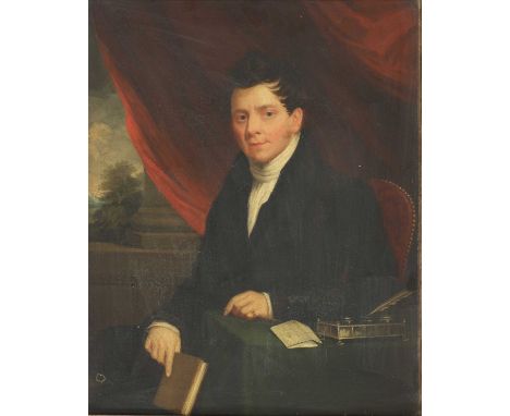 Circle of William Derby (1786-1847) PORTRAIT OF A GENTLEMAN, HALF LENGTH, SEATED AT A TABLE AND HOLDING A BOOK Oil on canvas 