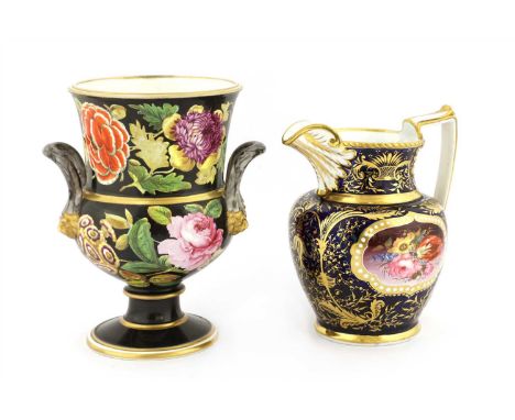 A Spode two-handled vase , 19th century, painted with coloured flowers, painted 'Spode' mark, 24.5cm high, and a jug, 19th ce