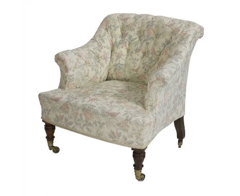 An Howard and Sons armchair, reupholstered with a button back, with original Howard and Sons loose cover, stamped 14344, 3078