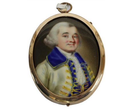 English School, late 18th century PORTRAIT OF WILLIAM HEDLEY, HALF LENGTH, IN A BLUE AND CREAM GOLD EMBROIDERED COAT Miniatur