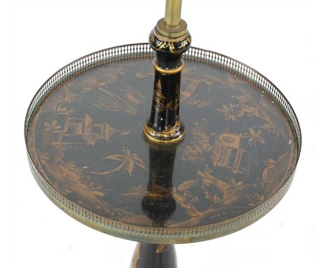 A black lacquered and gilt chinoiserie standard lamp occasional table, 20th century, the adjustable column above a brass gall