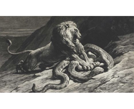 Herbert Thomas Dicksee RE (1862-1942) 'VICTORY' (LION ATTACKING A LARGE PYTHON SNAKE) Original etching printed in blue/black 
