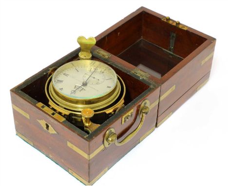 A two-day marine chronometer,2nd quarter of the 19th century, by Barraud, in a brass and mahogany box with glass viewing wind