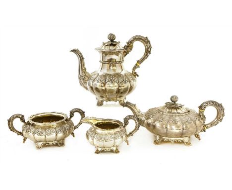 A George IV silver four-piece tea set, maker's mark for Rebecca Emes and Edward Barnard I, London 1826, comprising: a teapot,