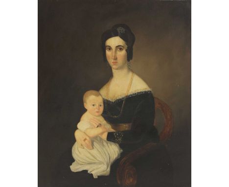 Spanish School, circa 1830 PORTRAIT OF A LADY, THREE-QUARTER LENGTH SEATED, IN A BLACK DRESS, HOLDING HER YOUNG CHILD Oil on 