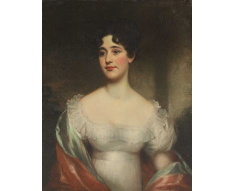 Follower of Sir Thomas Lawrence PORTRAIT OF A LADY, HALF LENGTH, IN A WHITE DRESS WITH A RED AND BLUE SHAWL Oil on canvas 76 