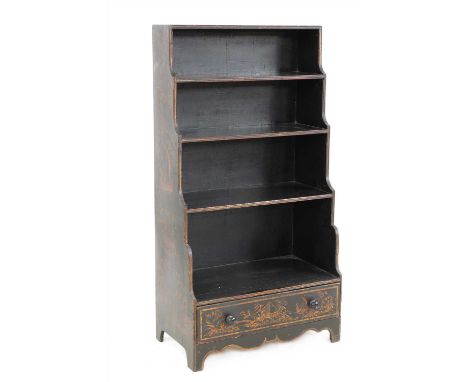 A Regency black lacquered and gilt chinoiserie waterfall bookcase, decorated with trees, pagodas and figures in boats, with t