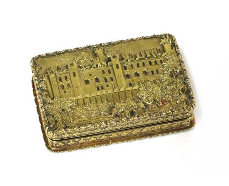 A Victorian silver gilt castle top vinaigrette , by Nathaniel Mills, Birmingham 1837, of rectangular form, the hinged lid dep