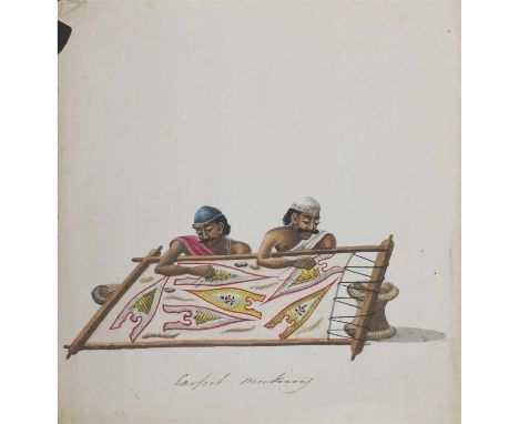 Ten Indian watercolours on paper Most titled in ink, including: 'Carpet Making', 'Grain Bullock and Driver'; 'School', 'Makin