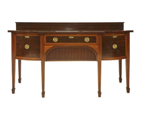 A George III inlaid mahogany and satinwood crossbaned sideboard, c.1820, by Gillows of Lancaster, the low raised back over a 