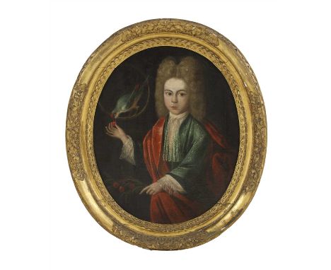 Anglo-French School, circa 1700 PORTRAIT OF A BOY, THREE-QUARTER LENGTH, IN A GREEN COAT AND RED MANTLE, FEEDING CHERRIES TO 