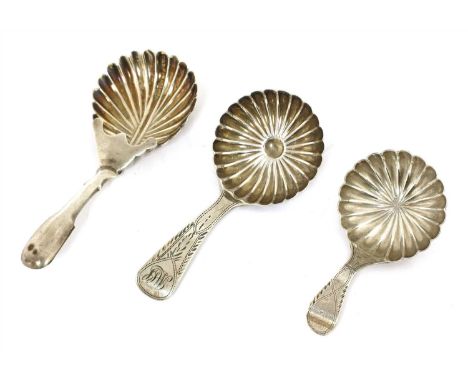 A George III silver caddy spoon , John Turner Birmingham 1801 , with a lobed bowl and bright cut decoration, together with a 