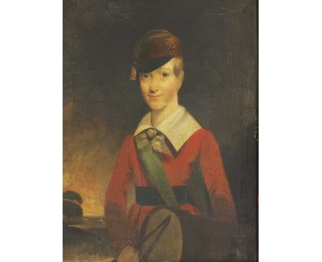 English School, 19th century PORTRAIT OF A BOY, LONG HALF LENGTH, IN A RED TUNIC AND TASSELLED CAP, HOLDING A DRUM Oil on can