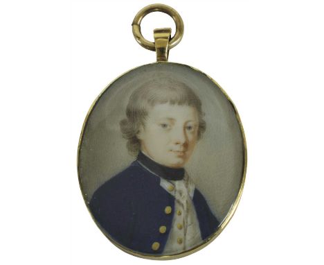 English School, late 18th century PORTRAIT OF A YOUNG GENTLEMAN, BUST LENGTH, IN A BLUE COAT AND CREAM WAISTCOAT Miniature on