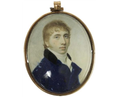 Charles Robertson (Irish, 1760-1821) PORTRAIT OF A YOUNG GENTLEMAN, BUST LENGTH, IN A BLUE COAT Miniature on ivory Oval, 7 x 