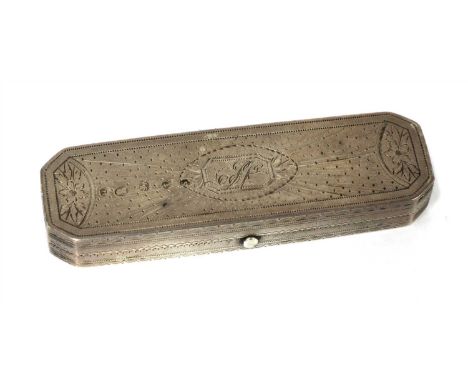 A George III silver snuff box , by Samuel Pemberton, Birmingham 1816, of canted rectangular form, with engraved decoration, t