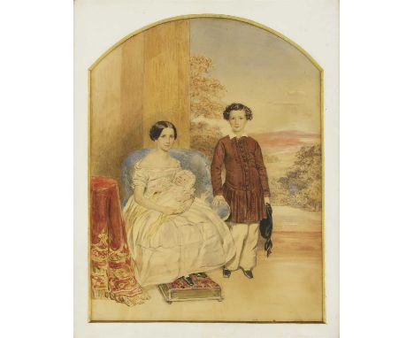 English School, circa 1830 A FAMILY PORTRAIT OF A GIRL, SEATED FULL LENGTH, HOLDING A BABY, THEIR BROTHER STANDING BESIDE THE
